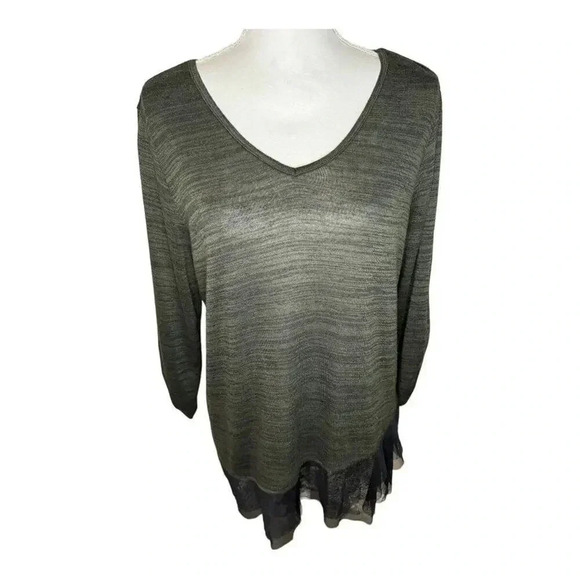 Apt. 9 Women’s Large Green Ruched Sleeve V-Neck Tunic With‎ Black Mesh Hem - Picture 1 of 7